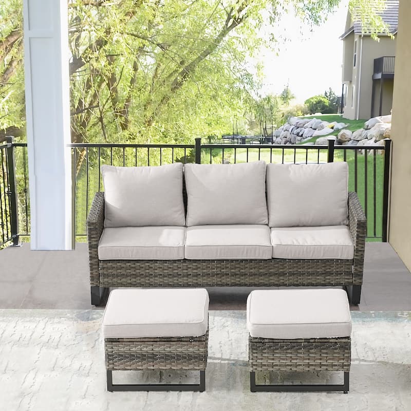 Gymojoy Outdoor Patio Wicker Sofa with Ottomans - Grey - Beige