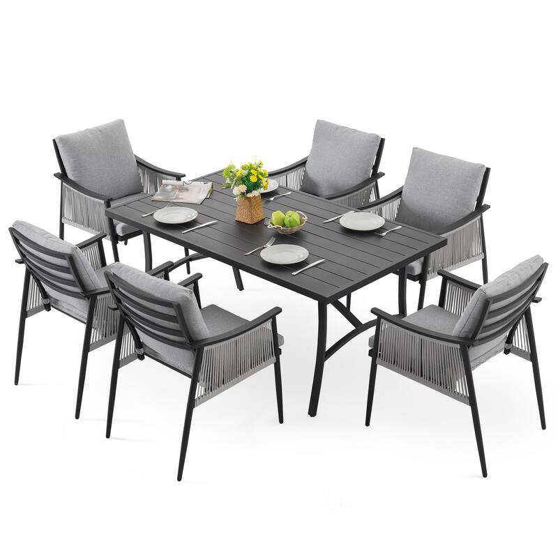 7-Piece Aluminum and Textilene Rope Patio Dining Set with Umbrella Hole