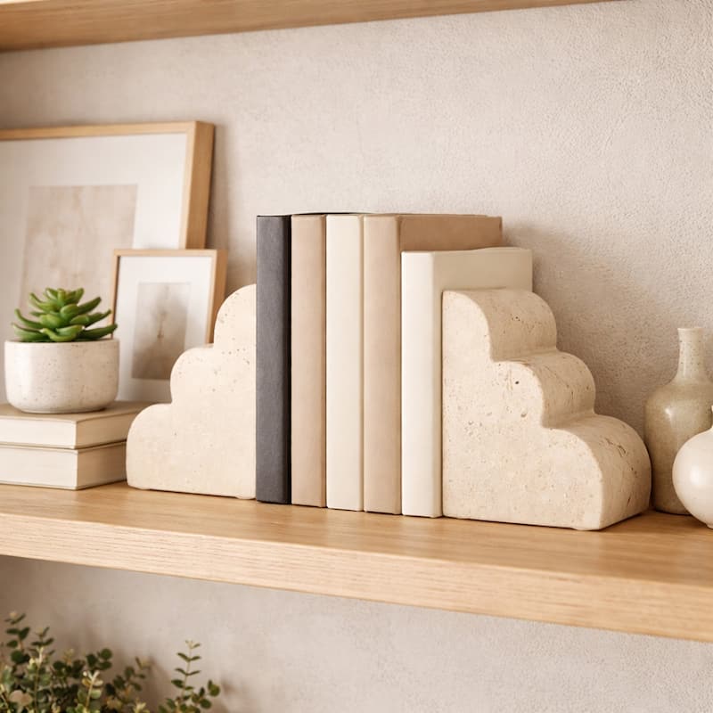Travertine Modern Cloud Shape Bookends Set - Tan, 5" - 5.25"
