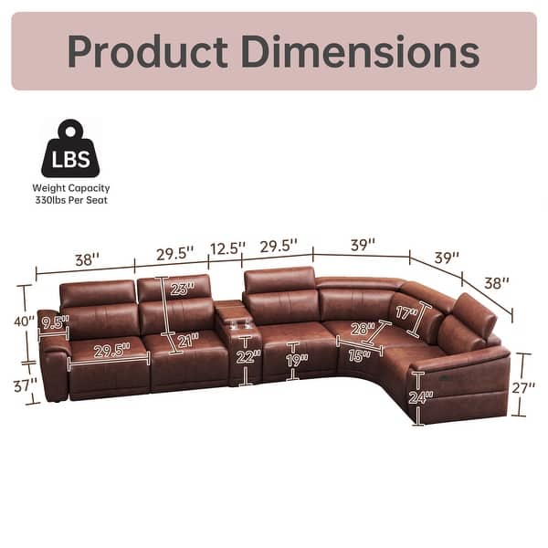 dimension image slide 0 of 2, Power Recliner 6-Piece Sectional Sofa with Storage Console