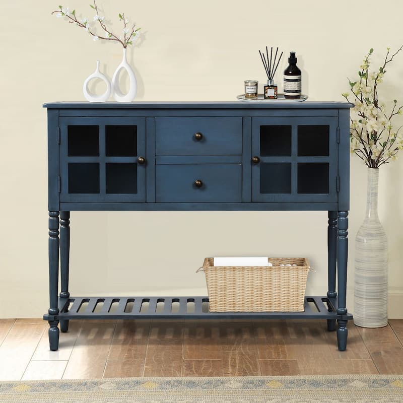 Vintage French Wooden Console Table with Two Glass Cabinet Doors - Antique Navy