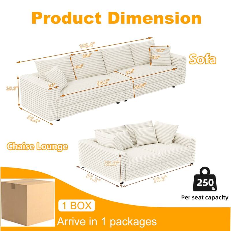 102.4 " Corduroy Modular Sofa, Modern Upholstered Sofa Cloud Couch, Deep Seat Couches w/ Pillows, Movable Ottoman for Apartment