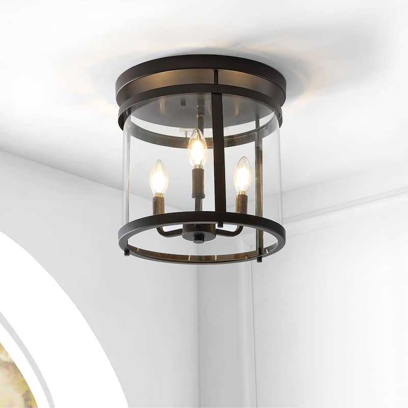 Galax Simple Farmhouse 12.5" 3-Light Metal/Glass Rustic Vintage LED Flush Mount, Oil Rubbed Bronze by JONATHAN Y