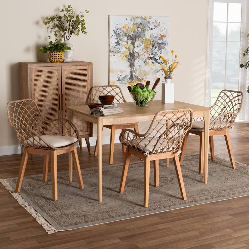 Ballerina Modern Bohemian Finished Wood and Rattan Dining Set