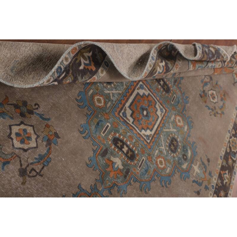 Brown Geometric Tabriz Vintage Rug Handmade Wool Carpet - 6'3"x 9'6"