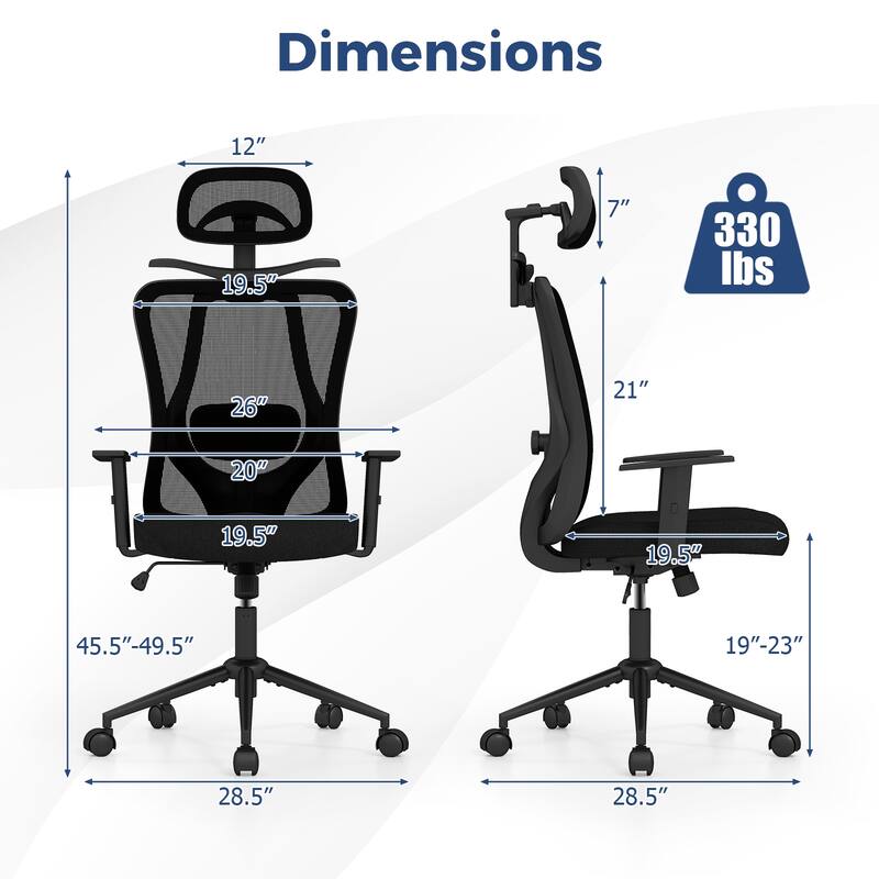 Ergonomic Mesh Office Chair with Adjustable Headrest Lumbar Support and Reclining Back Black Swivel Computer Desk Chair