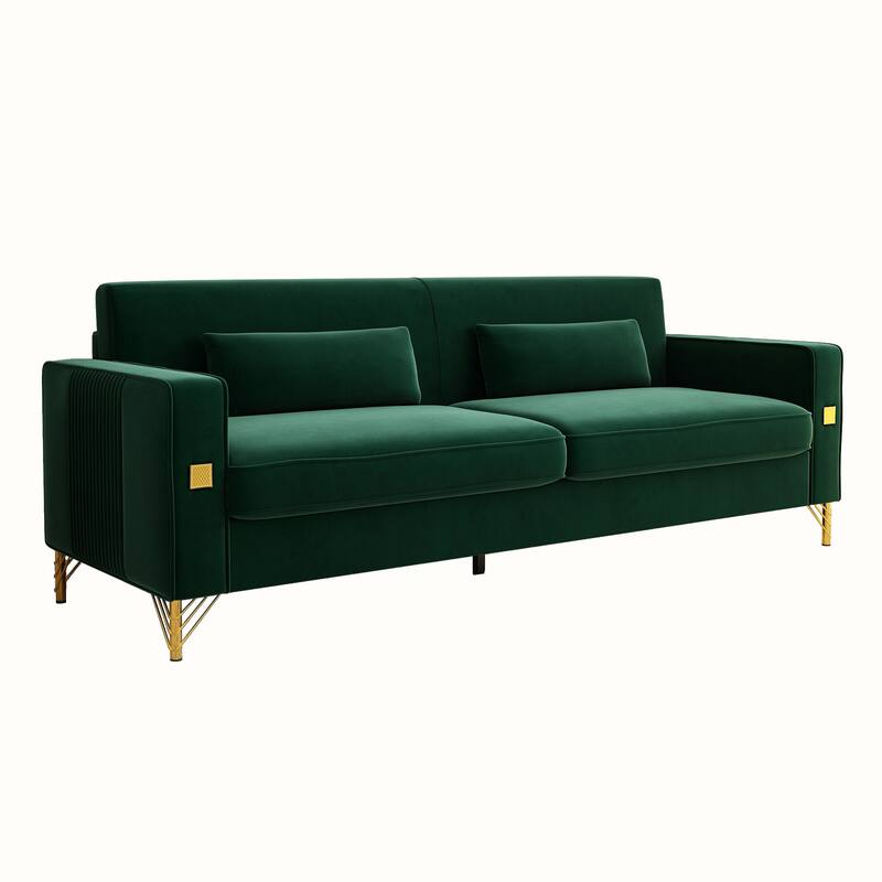 Roomfitters Mid-Century Modern Upholstered Sofa with Gold Metal Legs and Square Arms, Elegant Couch for Living Room