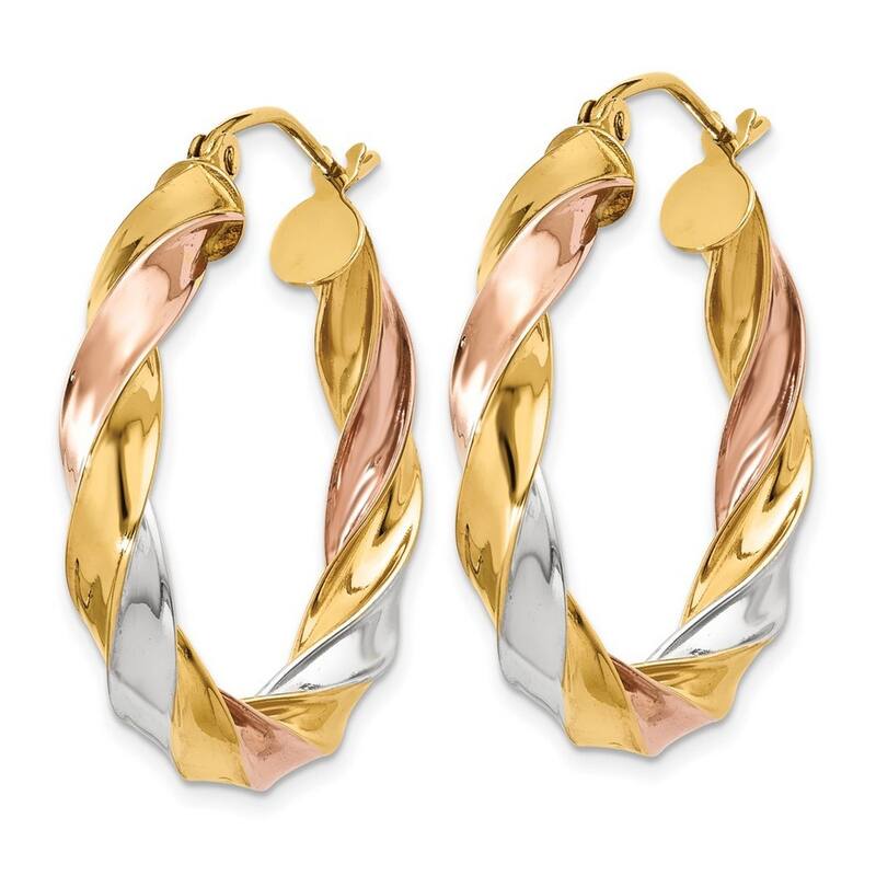 Curata 14k Tri-color Gold Light 4x29mm Twisted Hoop Earrings