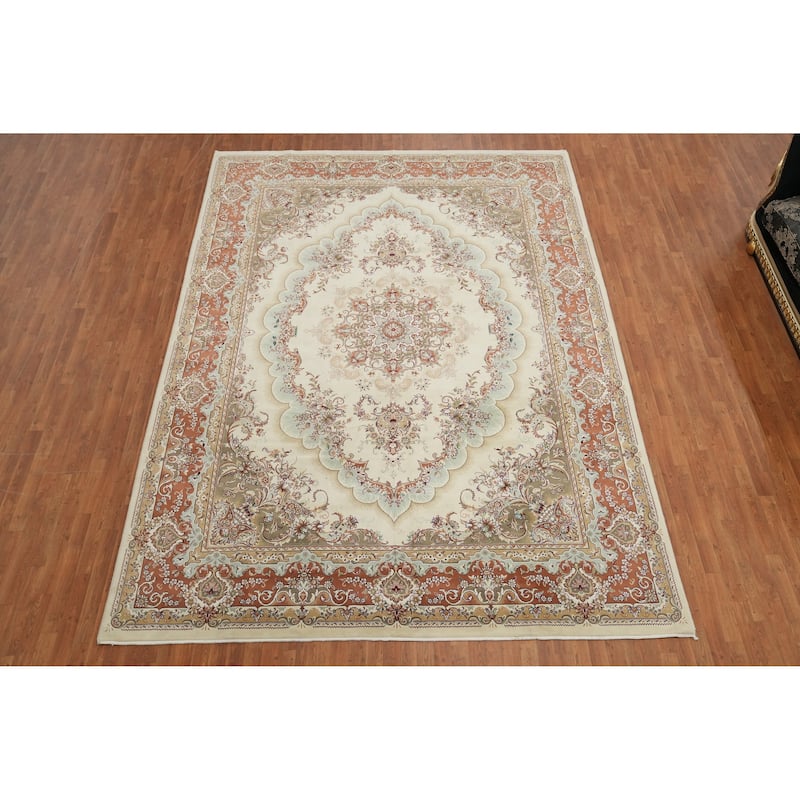 Traditional Tabriz Turkish Area Rug Machine-Made Beige Floral Carpet - 9'7" x 13'5"