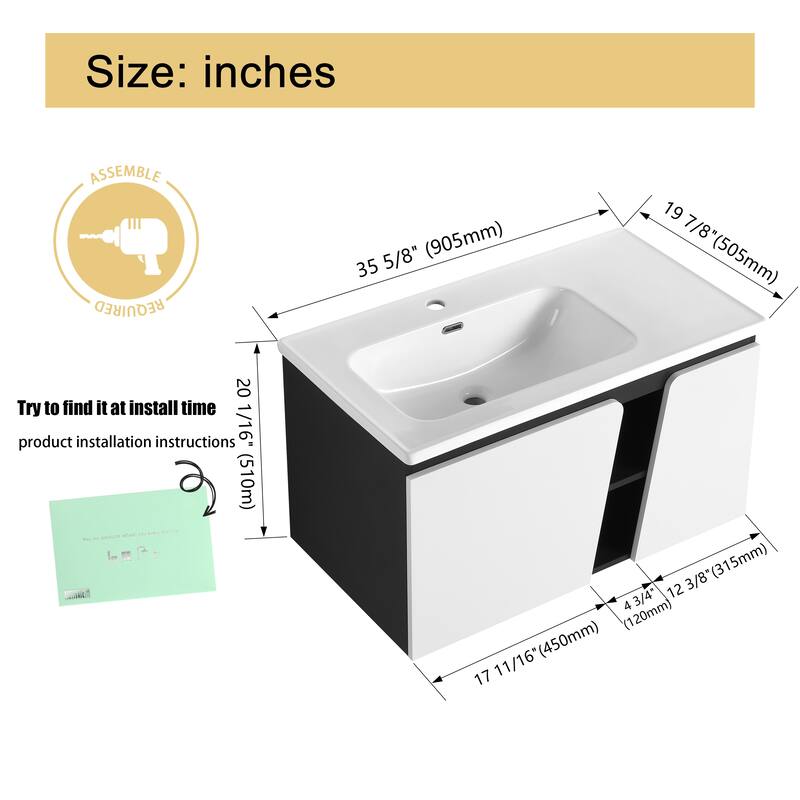 Malwee 32"/36"/40" Floating Bathroom Vanity with Sink, Wall Mounted Bathroom Vanity with Soft Close Doors and shelf