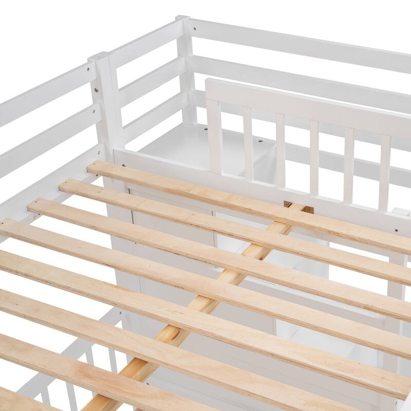 Full Over Twin Bunk Bed with Desk, Drawers, and Shelves in White