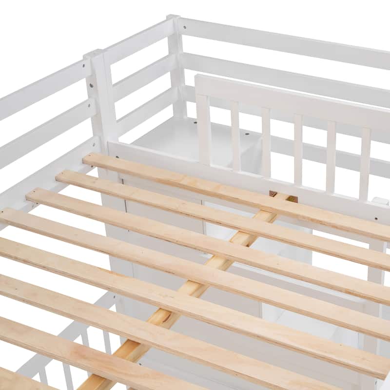 White Full over Twin Size Solid Wood Bunk Bed with Desk, Drawers and Shelves