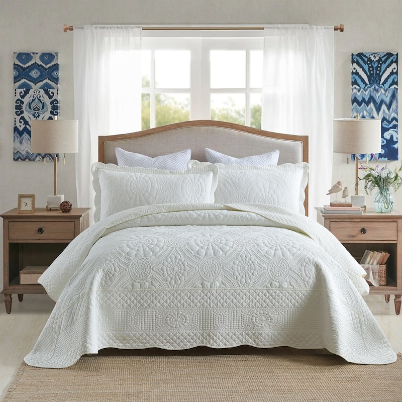 MarCielo 3Pcs 100% Cotton Oversized Quilt Bedspread Coverlet Set TF - Premium White - Oversized King