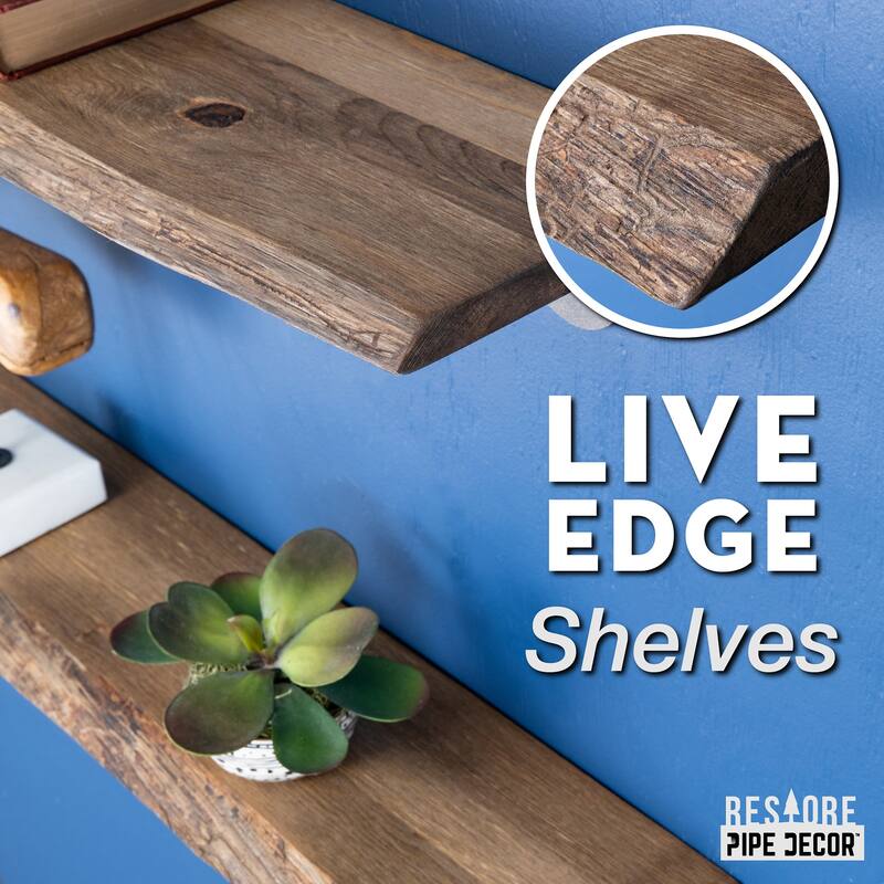 PIPE DECOR Live Edge Reclaimed Wood Shelf with Industrial Pipe Brackets, Set of 2