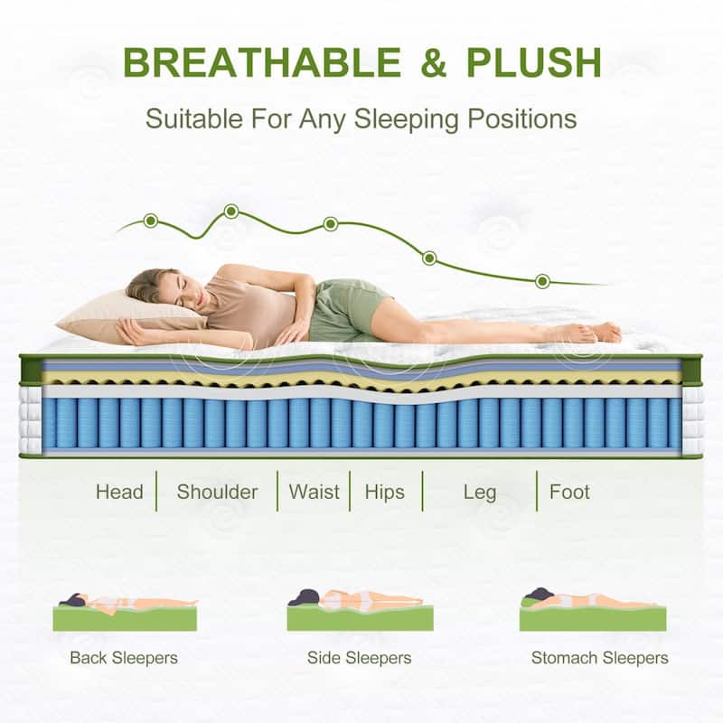 Roomfitters 14 Inch Queen/King Hybrid Mattress, Gel Memory Foam & Pocket Spring Bed for Pressure Relief, Medium Firm, Green