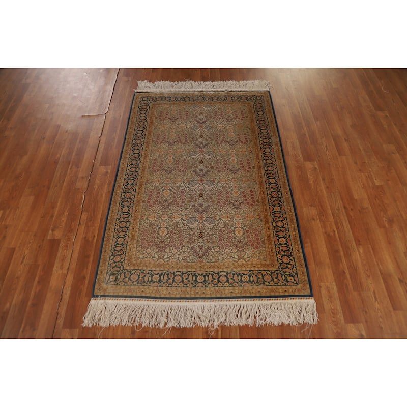 Hand Knotted Oriental Silk & Silver Carpet Traditional Floral Green Qum Area Rug - 5' 6'' X 3' 7''