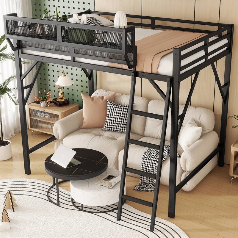 Heavy Duty Metal Loft Bed Frame with Guardrails and Storage Shelves