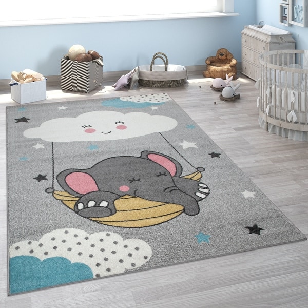 slide 2 of 5, Kids Rug for Nursery with Cute Elephant and Cloud Motif in Grey 3'11" x 5'3"