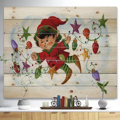 Designart 'Cute Elf With Christmas Lights' Print on Natural Pine Wood - Red