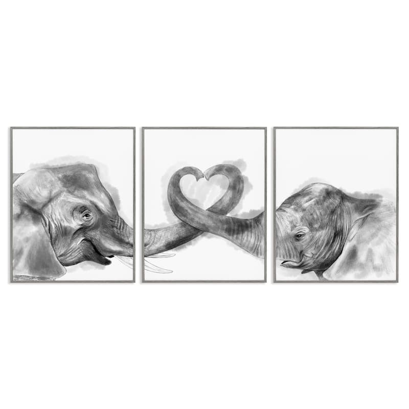 Stupell Elephant Trunk Heart Jungle Animal Illustration, 3pc Multi Piece Framed Wall Art Set - 24 x 30 - Grey