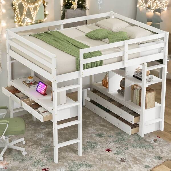 slide 2 of 20, Full Size Loft Bed with Built-in Desk with Two Drawers,Shelves and Drawers,Multifunctional Loft Bed With Storage White