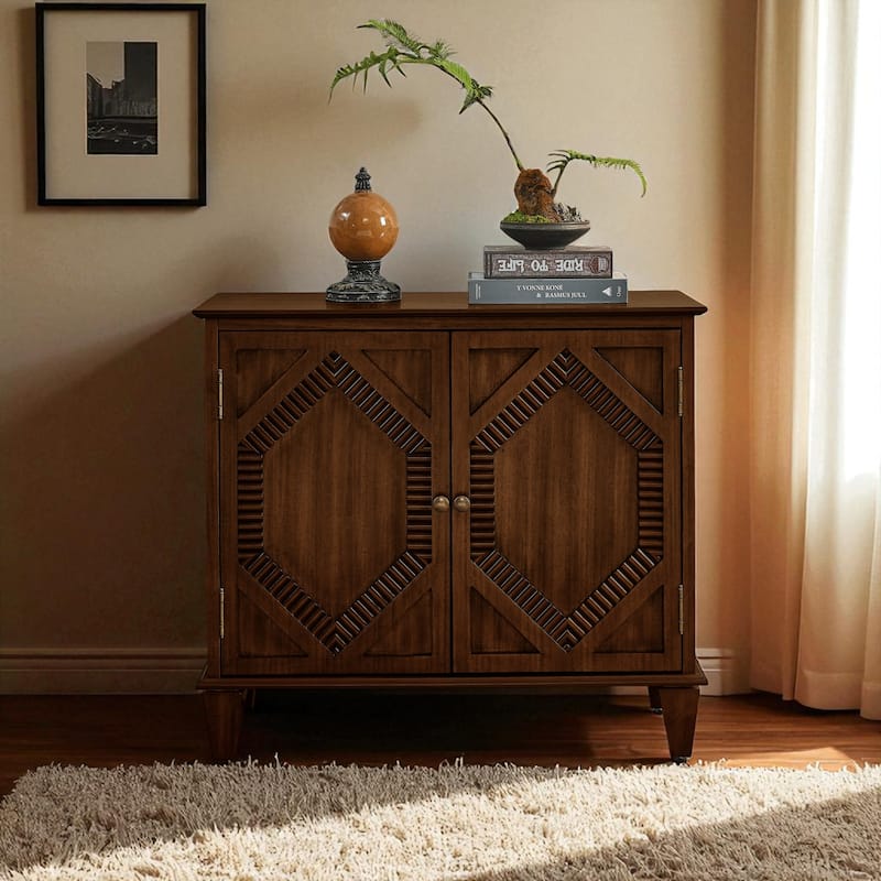 Retro Wooden Sideboard Buffet Cabinet, Geometric Accent Storage Credenza with Adjustable Shelf, Entryway/Dining/Media Console - Walnut