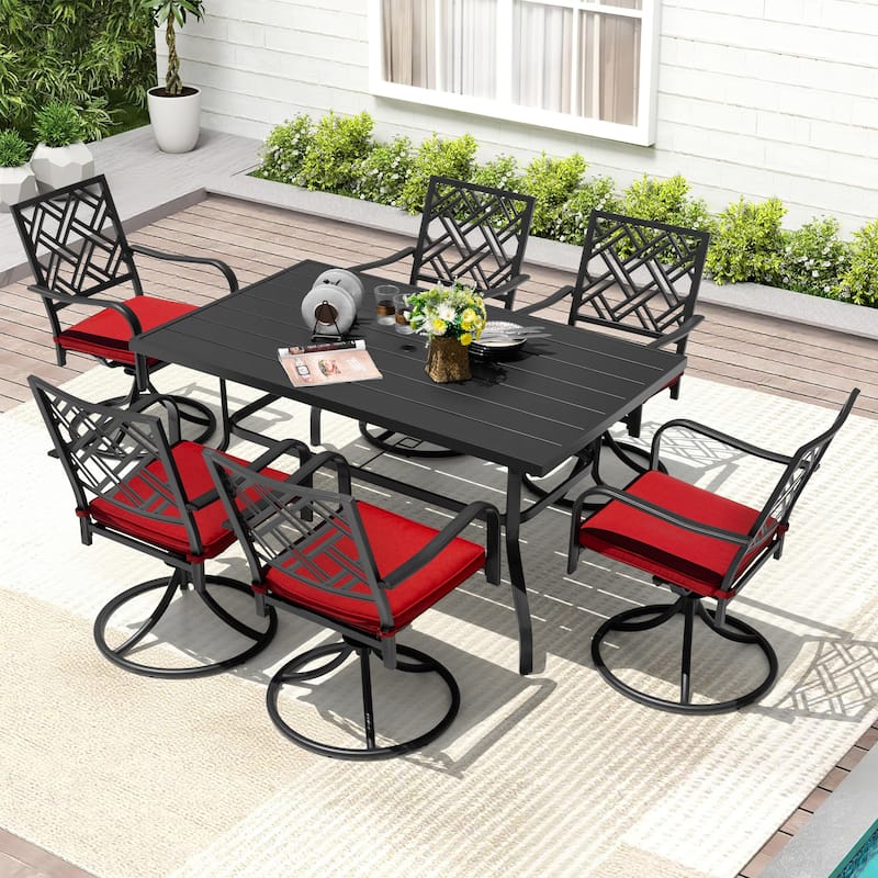 7PCS Metal Patio Dining Set with Umbrella Hole, Swivel Chairs with Cushions