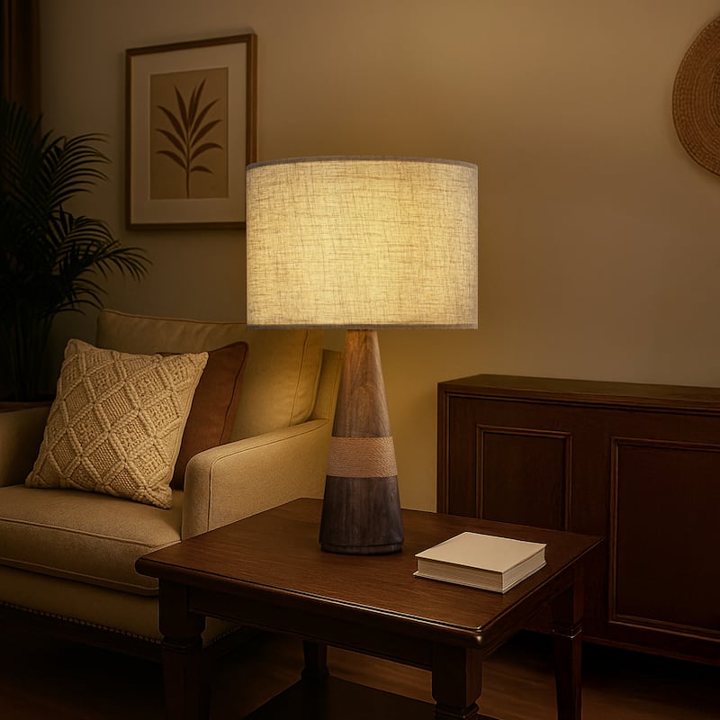 28'' Farmhouse Honey Brown Wood Bedside Table Lamp Classic Dome Beige Fabric Shape Nightstand Lamp for Bedroom, Living Room