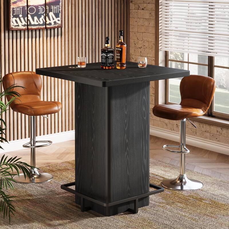 39.37" High Wooden Square Bar Table with Metal Footrest, Black