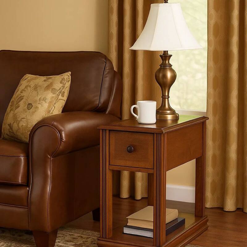 Chair Side End Table with 1 Drawer and Open Bottom Shelf, Brown