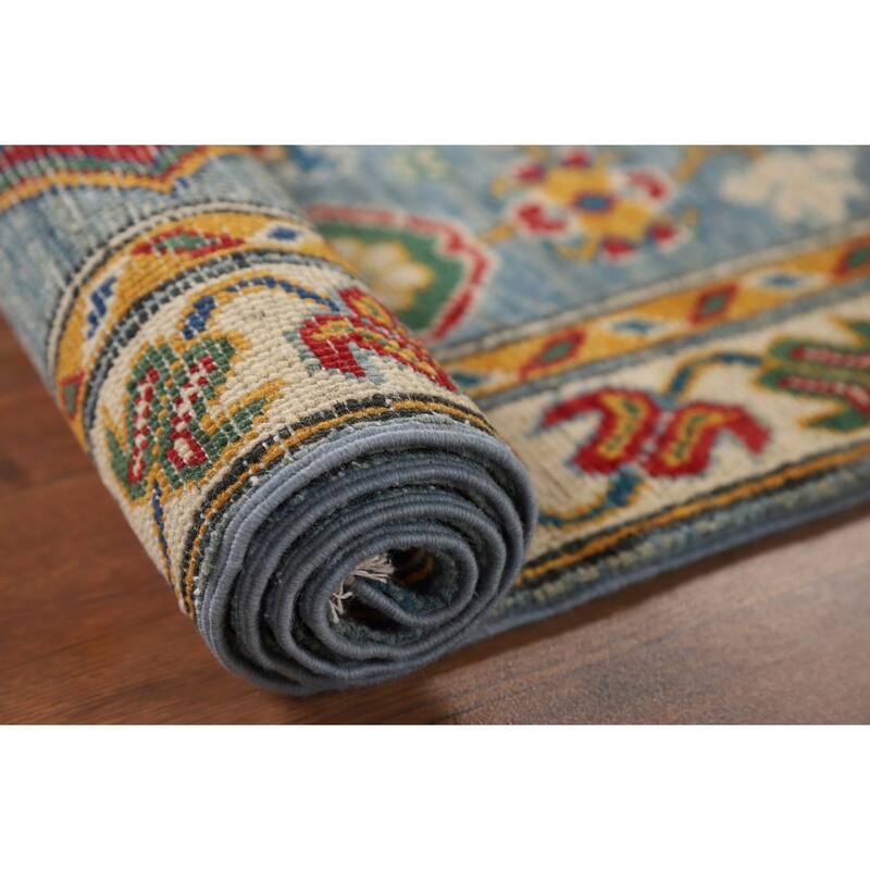 Light Blue Geometric Kazak Runner Rug Hand-Knotted Wool Carpet - 2'8" x 9'6"