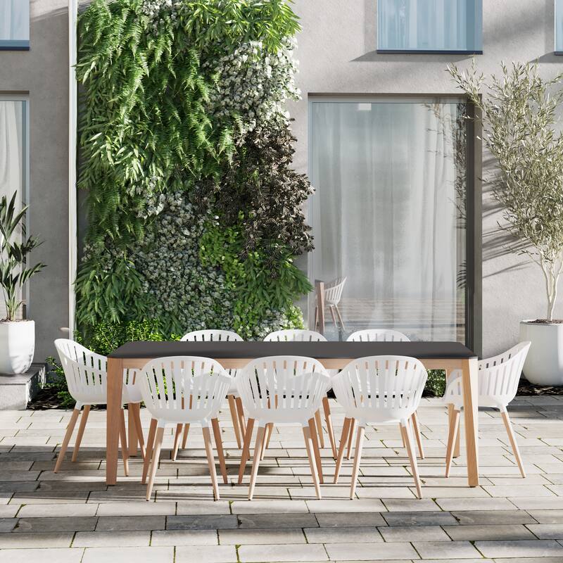 Amazonia 9pc Outdoor Patio Manthe Dining Wood Set - Black Table and White Chairs with Wood Legs