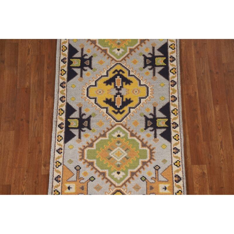 Geometric Kazak Indian Runner Rug Hand-Knotted Wool Carpet - 2'7"x 8'0"