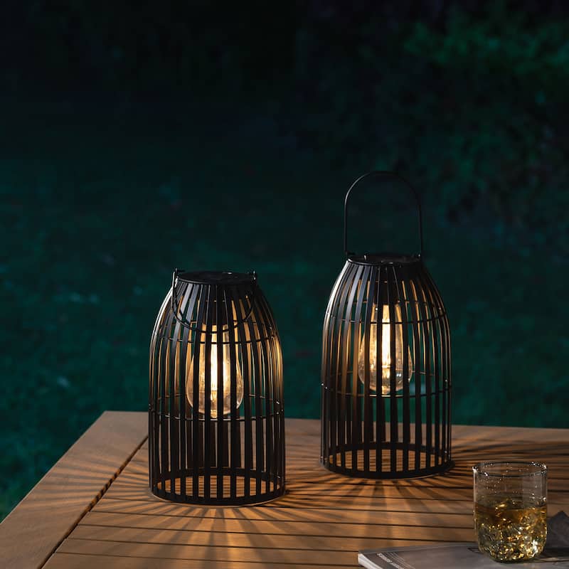 Glitzhome Set of 2 9.75"H Black Striped Outdoor Solar Hanging Lantern
