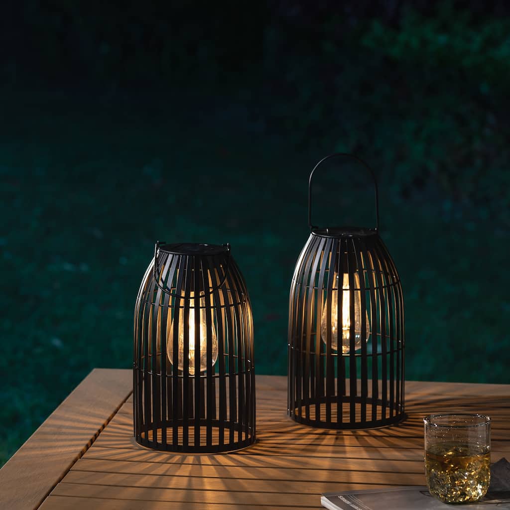 Glitzhome Set of 2 9.75"H Black Striped Outdoor Solar Hanging Lantern