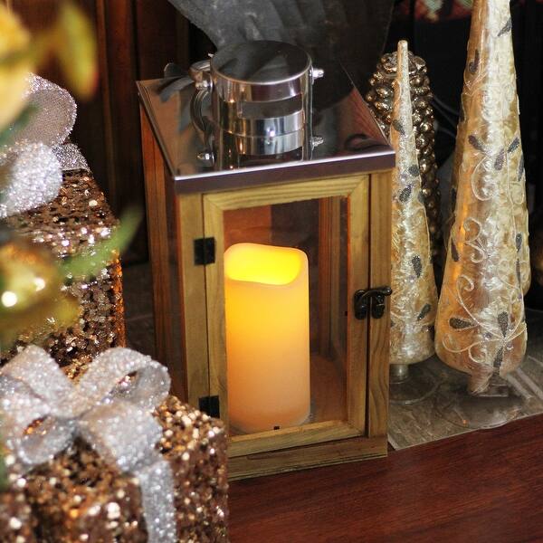 Shop 13 75 Country Rustic Wood And Glass Lantern With Led Flameless Pillar Candle With Timer Overstock 16543312