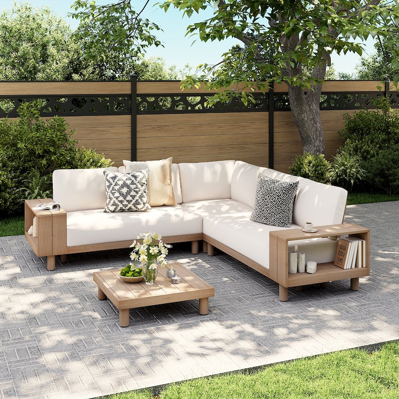 Outdoor 4-Piece Conversation Set Solid Eucalyptus Wood L-Shaped Sectional Sofa with Coffee Table