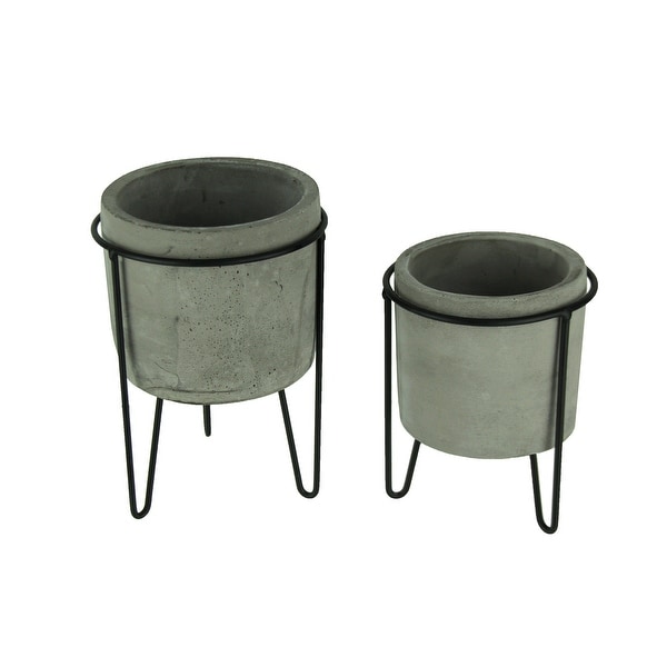 Modern Cement Planters in Black Metal Stands Set of 2 - 8.5 X 6.25 X 6.25 inches