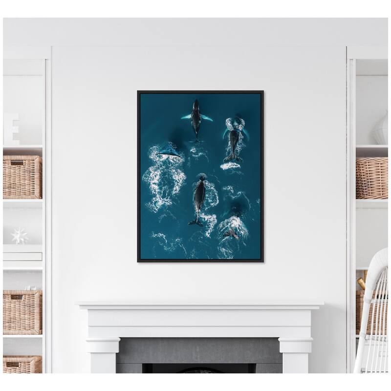 Kate and Laurel Sylvie School of Humpback Whales in the Blue Ocean Framed Canvas by Michael Schauer