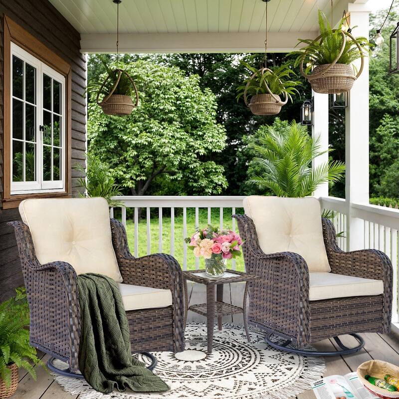 3 Piece Outdoor Swivel Rocker Chairs Set with Cushions and Patio Table - Cream-Brown Wicker