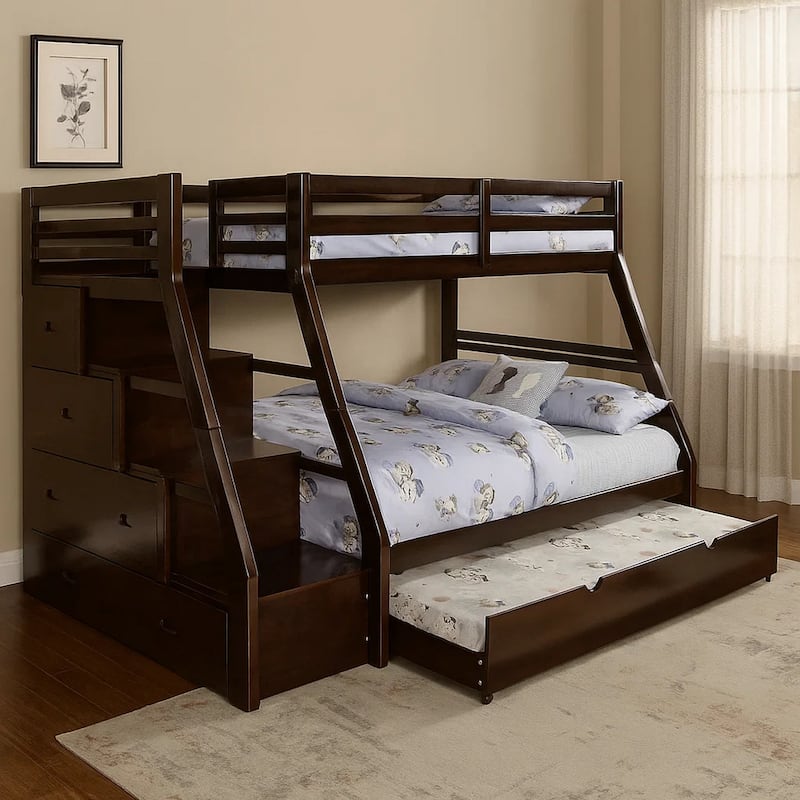 Ellon Twin over Full Bunk Bed, Espresso Brown Solid Wood, Drawers