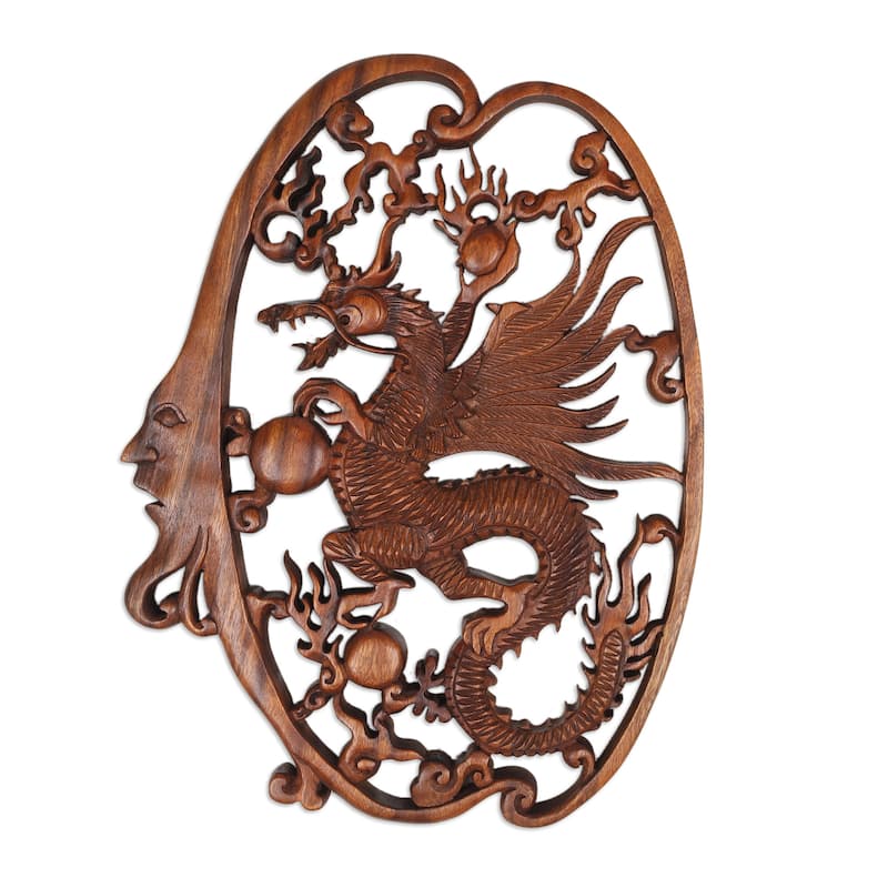 Novica Handmade Regal Dragon Wood Relief Panel