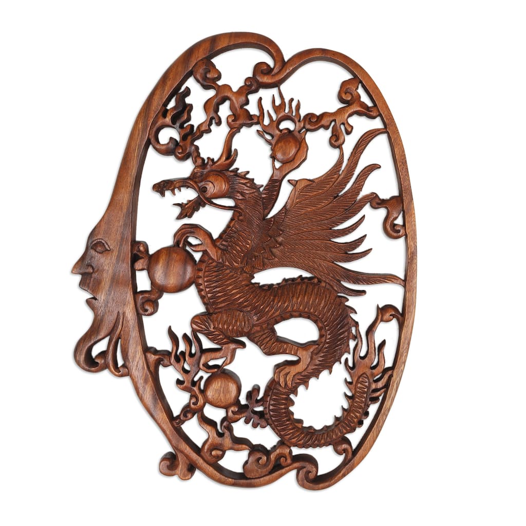 Novica Handmade Regal Dragon Wood Relief Panel