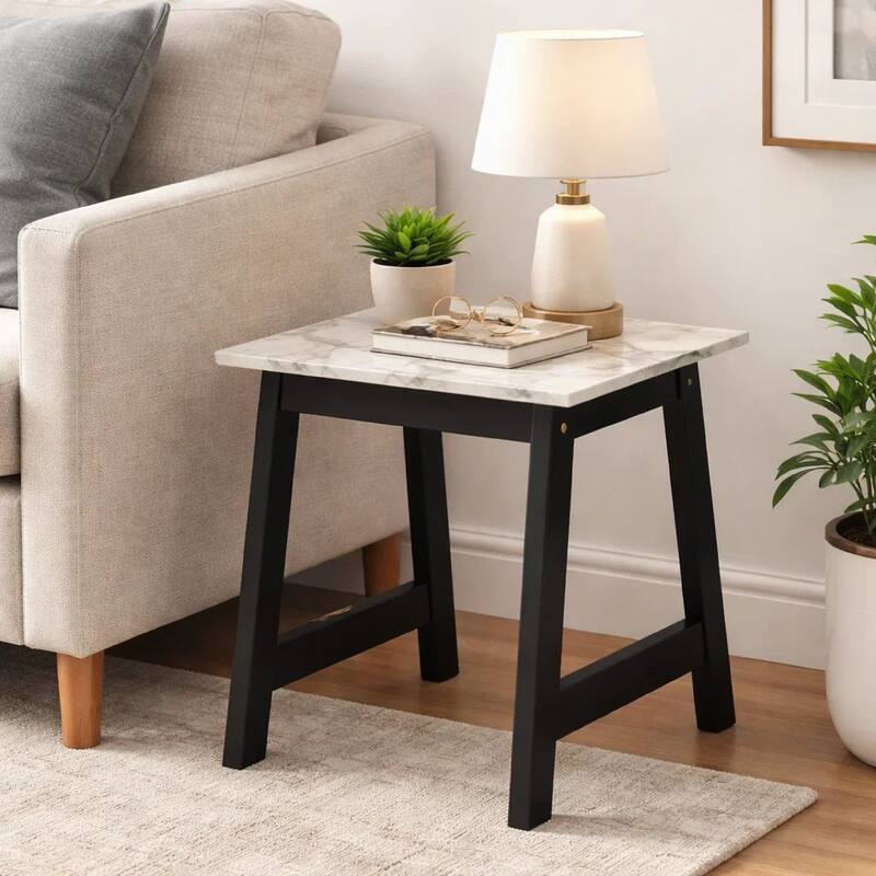 Oz 19 Inch Modern End Table with Faux Marble Finished Tabletop, Black