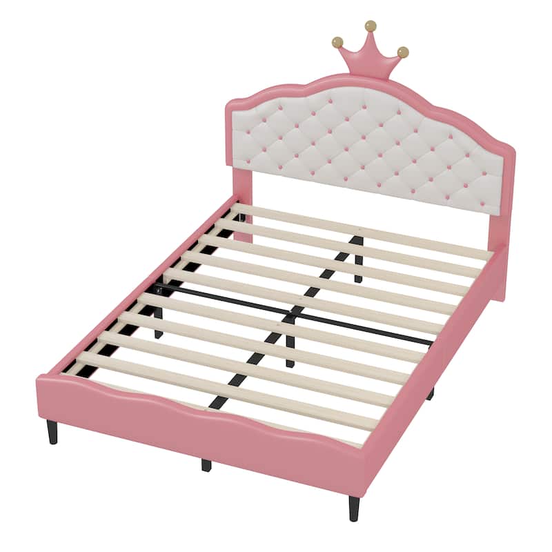 Pink and Cream Princess Bed with Crown Shaped Headboard Tufted PU Leather Upholstery for Girls