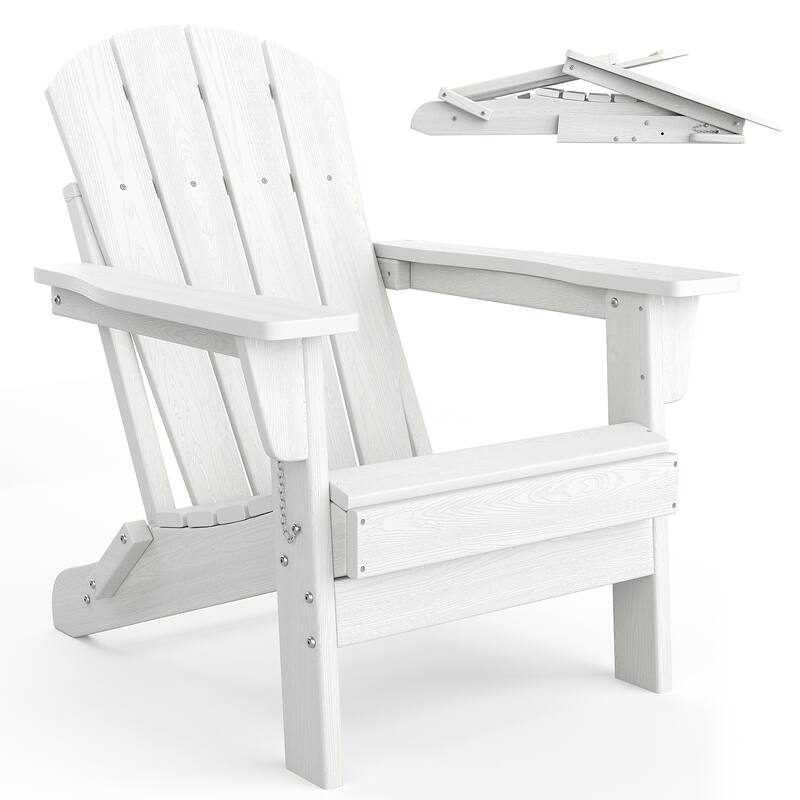 Folding Adirondack Chair, Outdoor Wooden Lounge Chair, Modern Lounger Adirondack Chair Ergonomic Extended Backrest - White