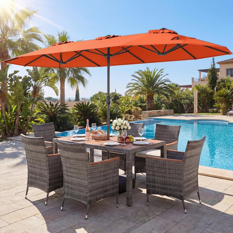 Gymax 8-Piece Patio Dining Set w/ Double-Sided Market Umbrella Acacia