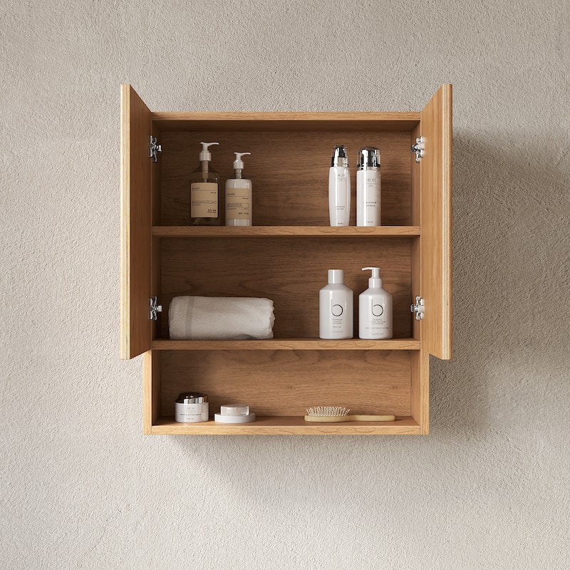 GDFStudio - Tobi 26" Wall-Mounted Striped Bathroom Cabinet with Doors, Shelf, Natural Woodgrain Color