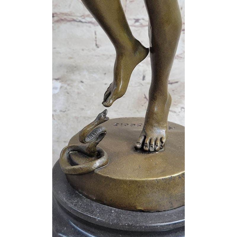Signed Imitative Snake Charmer By Bourgeois Bronze Sculpture Marble Base Figurine Figure
