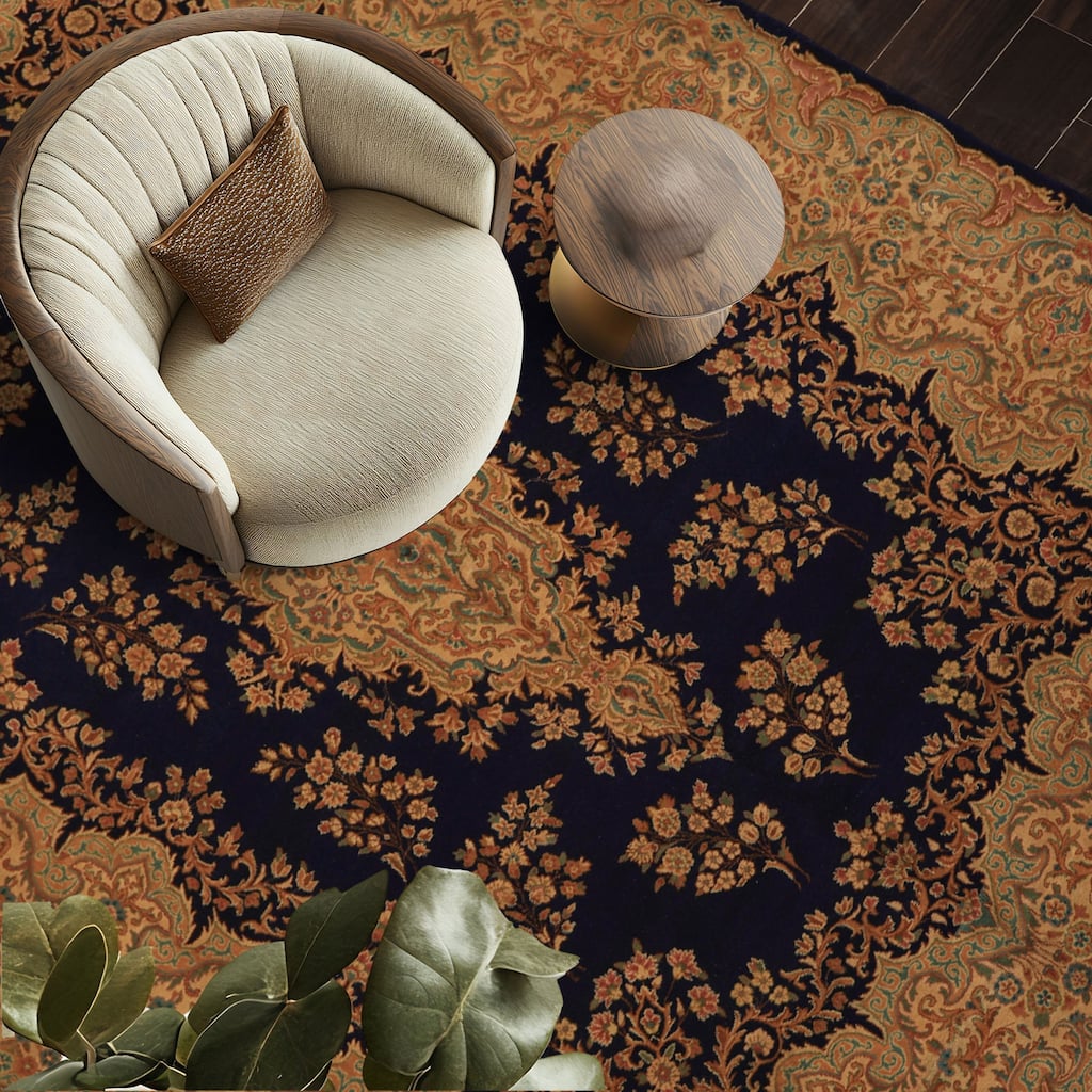 9x11'10'' Hand Knotted Wool Navy 250 KPSI Kerman Vintage pristine Geometric Rug - 9' x 11' 10''